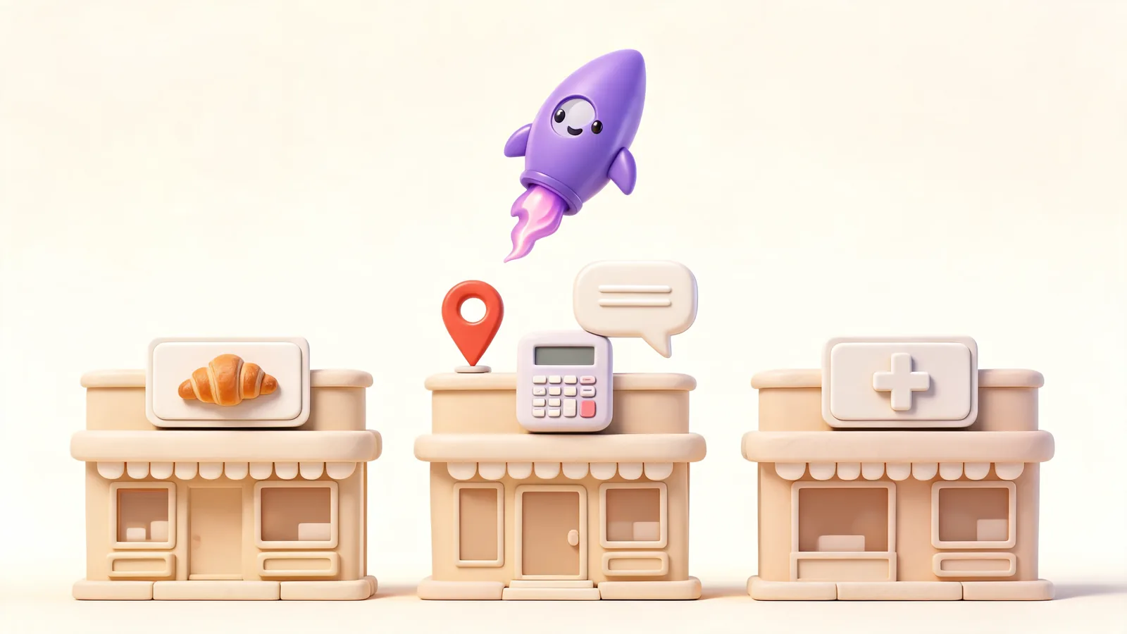AI visibility for local businesses: an AI assistant picking one shop on a high street of a bakery, an accountant and a clinic