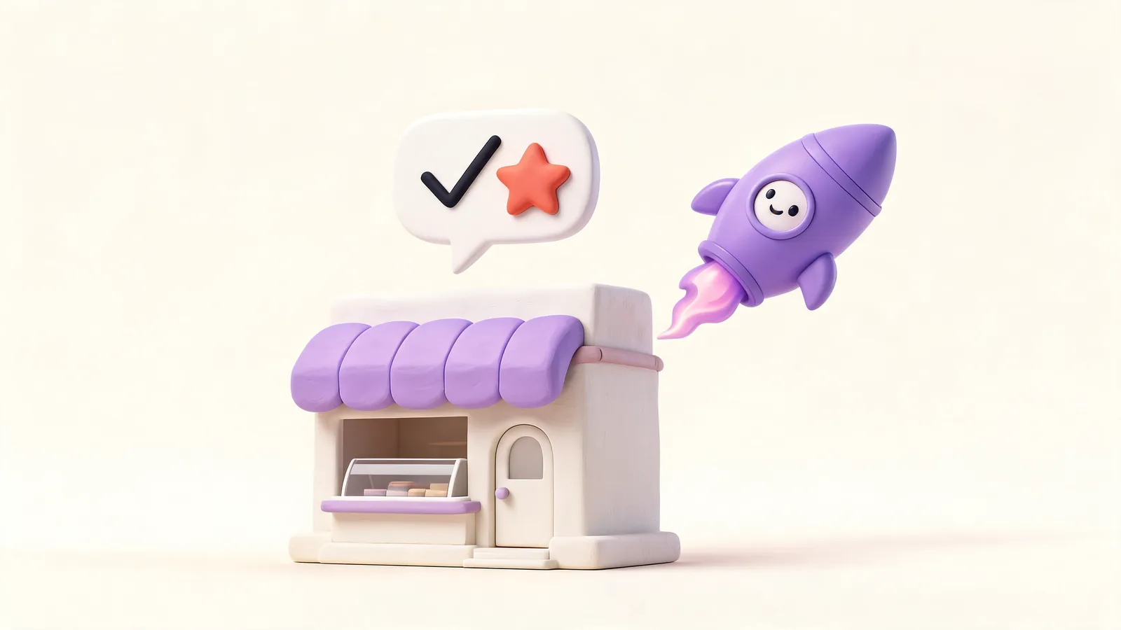 A small business storefront being recommended by ChatGPT, shown as a chat bubble with a tick above the shop