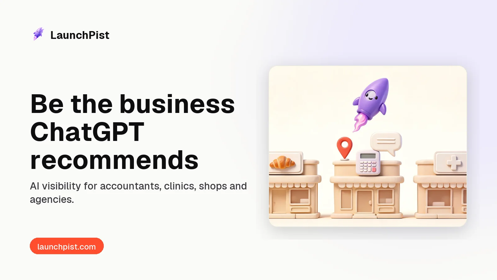 AI visibility for local businesses: a high street of a bakery, an accountant and a clinic with an AI bubble over one