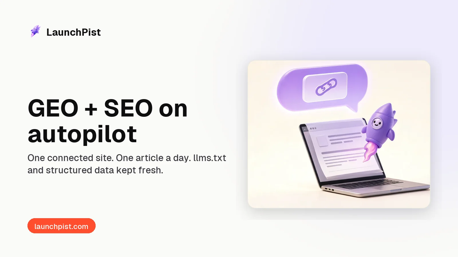 GEO + SEO on autopilot: a web page lifted from a laptop into an AI answer bubble with a citation link